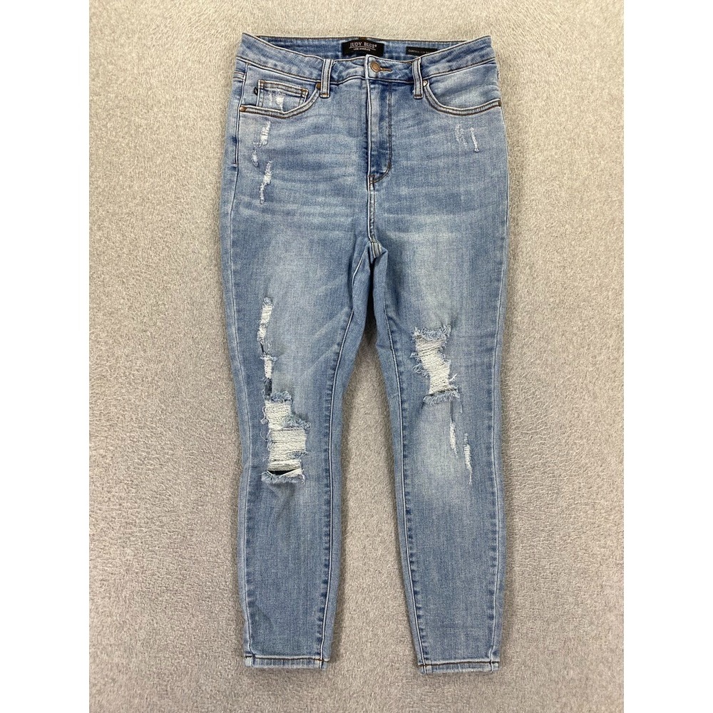Judy Blue Jeans Women 13/31 Blue Stretch Control Top Skinny High Rise Distressed